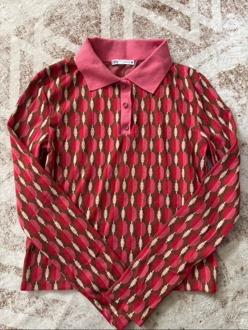 Zara Pink & Brown Geometric Knit Polo Top NWOT